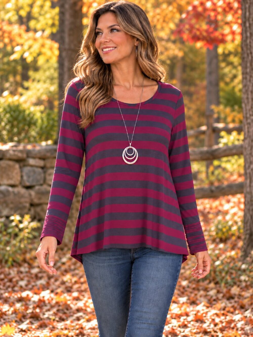 LOGO by Lori Goldstein Tunic Dark Red & Brown Striped L